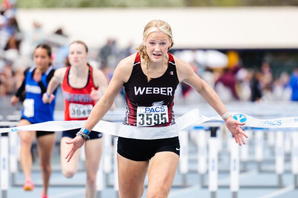 Weber’s Eden DeVries finishes the girls 100-meter hurdles during the BYU Track Invitational at the Clarence F. Robison Outdoor Track & Field in Provo on May 6, 2023. | Ryan Sun, Deseret News