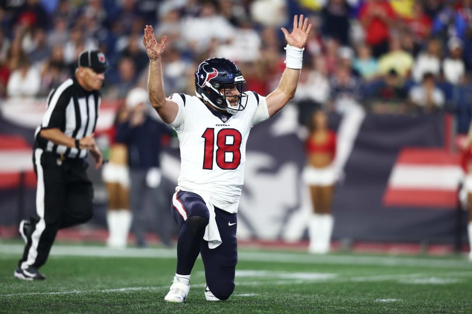 Quarterback Case Keenum #18 of the Houston Texans reacts in the third quarter during the preseason game against the New England Patriots at Gillette Stadium on August 10, 2023 in Foxborough, Massachusetts.