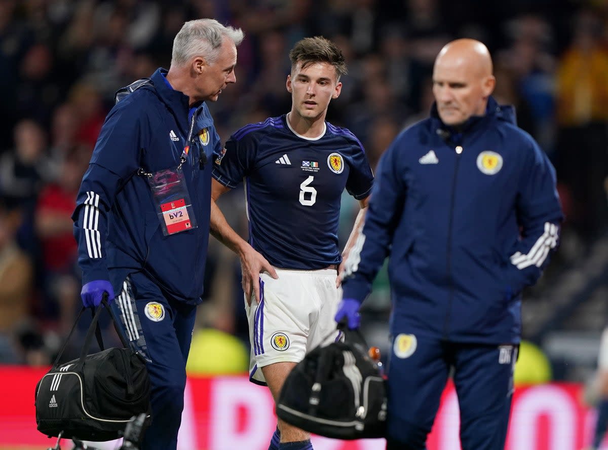 Scotland’s Kieran Tierney (centre) out of Ukraine game (Andrew Milligan/PA) (PA Wire)