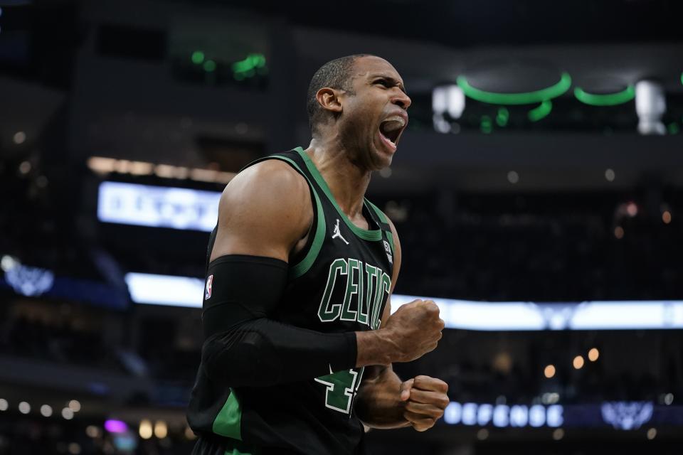 Boston Celtics' Al Horford reacts during the second half of Game 4 of an NBA basketball Eastern Conference semifinals playoff series Monday, May 9, 2022, in Milwaukee. The Celtics won 116-108 to tie the series 2-2. (AP Photo/Morry Gash)