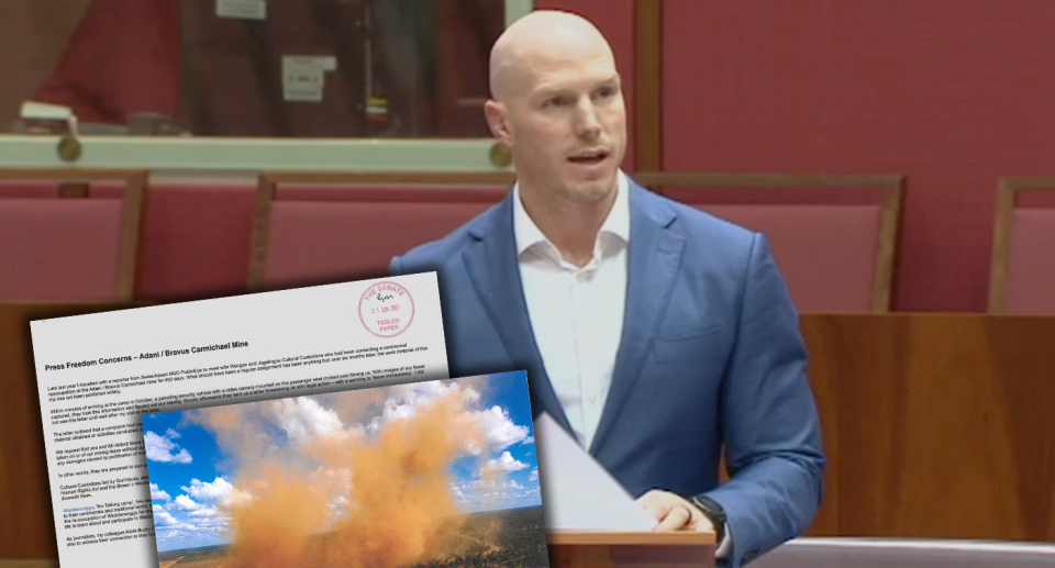 Main image - David Pocock in the Senate. Inset - two images from the Abbott document.