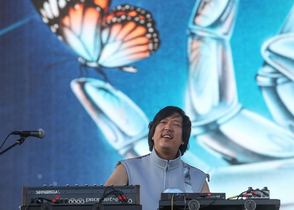 L'Impératrice performs at the Outdoor Theatre at the Coachella Valley Music and Arts Festival in Indio, Calif., April 19, 2024.