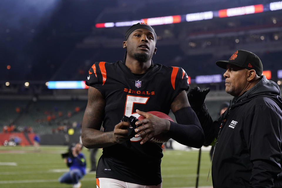 While Ja'Marr Chase looks like he will suit up for the Bengals on Sunday, Tee Higgins will be out versus the Texans with a hamstring injury. (Photo by Jeff Dean/Getty Images)