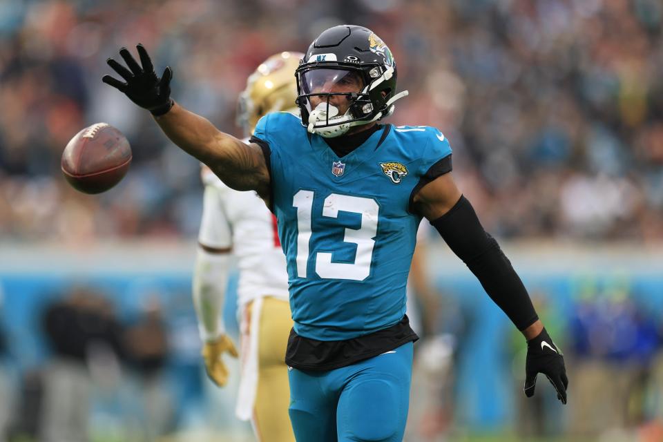 Jacksonville Jaguars wide receiver Christian Kirk (13) reacts to a reception during the third quarter of an NFL football game Sunday, Nov. 12, 2023 at EverBank Stadium in Jacksonville, Fla. The San Francisco 49ers defeated the Jacksonville Jaguars 34-3. [Corey Perrine/Florida Times-Union]