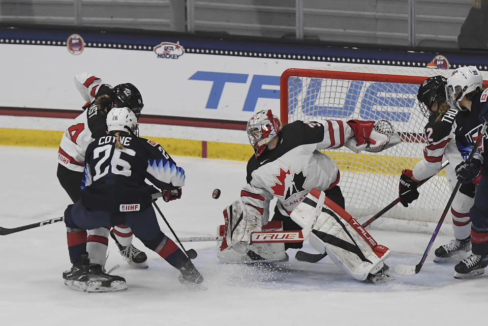 Canada's Emerance Maschmeyer (38) makes a save against the United States during the first period of a women's exhibition hockey game ahead of the Beijing Olympics, Friday, Dec. 17, 2021, in Maryland Heights, Mo. (AP Photo/Michael Thomas)