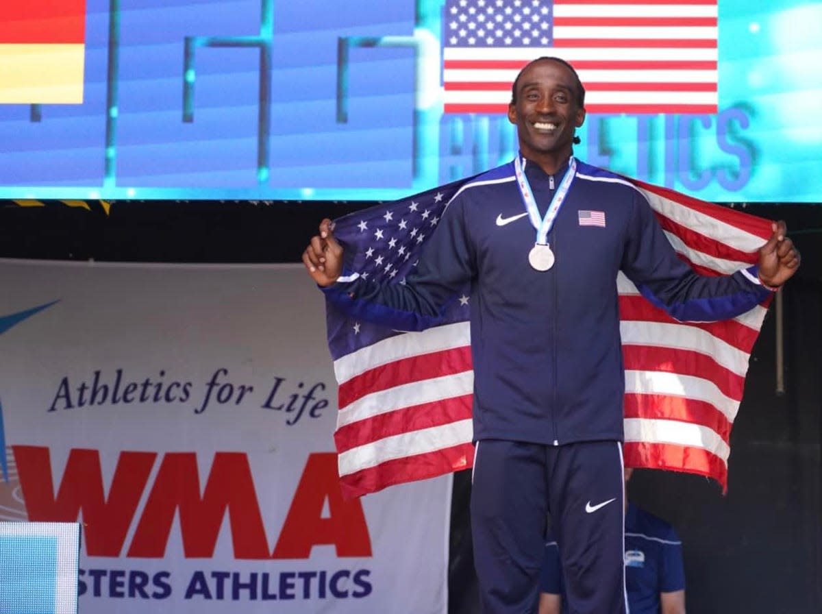 Ron Atkins representing the United States at the World Masters Athletics track and field meet in Finland. Atkins was part of the gold medal men's 4x400 meter relay team, in addition to placing in the 100 and 200-meter races.
