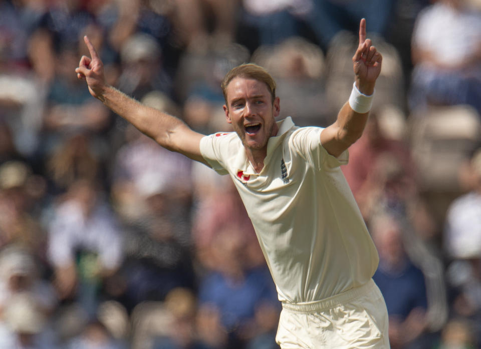 SOUTHAMPTON, ENGLAND - AUGUST 31: England's Stuart Broad celebrates taking the wicket of Shikar Dhawan of India during the 4th Specsavers Test Match between England and India at The Ageas Bowl on Auguest 31, 2018 in Southampton, England. (Photo by Visionhaus/Getty Images)