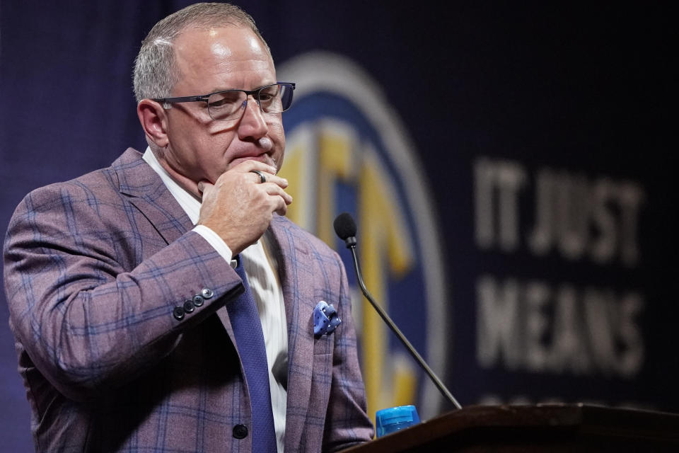 Texas A&M NCAA college basketball head coach Buzz Williams speaks during Southeastern Conference Media Days, Wednesday, Oct. 18, 2023, in Birmingham, Ala. (AP Photo/Mike Stewart)