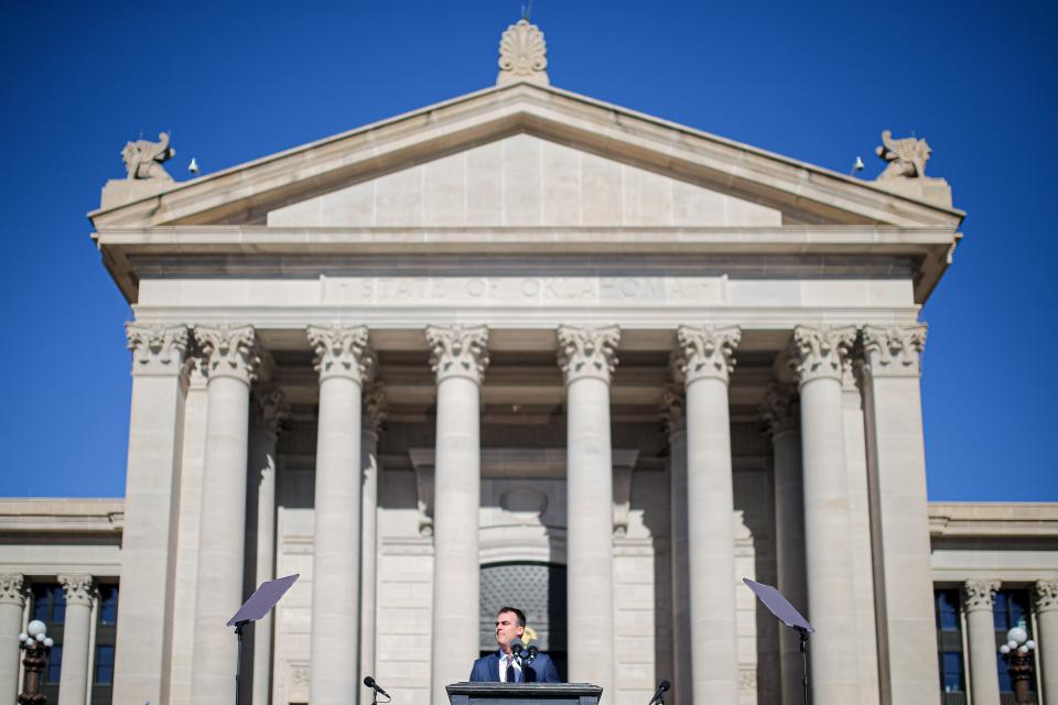 Gov. Kevin Stitt speaks at his Jan. 9 inauguration at the Oklahoma Capitol.