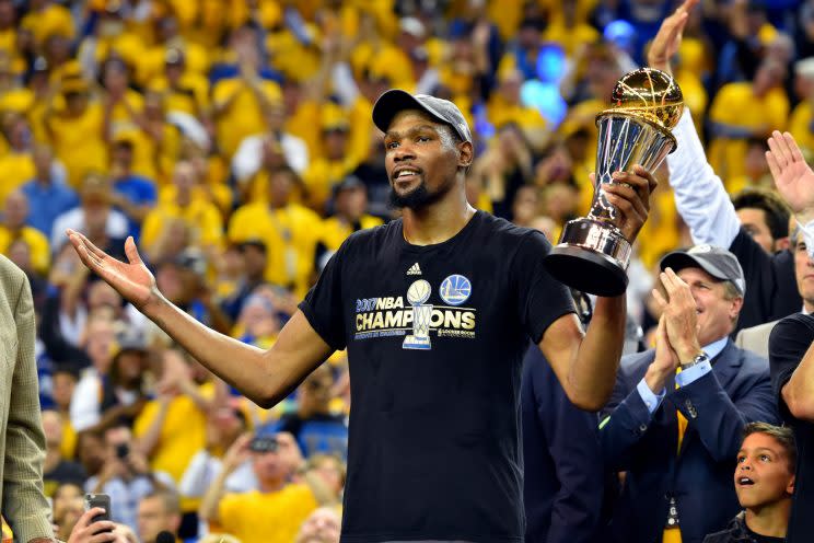 Kevin Durant averaged 35.2 points on 55.6 percent shooting and shot 47.4 percent from 3-point range in the Finals. (Getty)