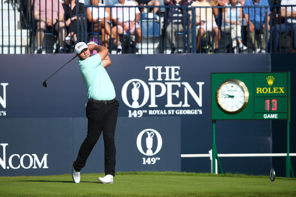 Jon Thomson tees off at the Open Championship. (Photo by Christopher Lee/Getty Images)