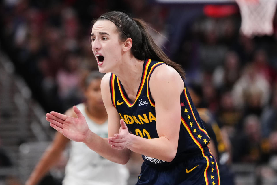 INDIANAPOLIS, INDIANA - MAY 16: Caitlin Clark #22 of the Indiana Fever reacts in the third quarter against the New York Liberty at Gainbridge Fieldhouse on May 16, 2024 in Indianapolis, Indiana. NOTE TO USER: User expressly acknowledges and agrees that, by downloading and or using this photograph, User is consenting to the terms and conditions of the Getty Images License Agreement (Photo by Dylan Buell/Getty Images)