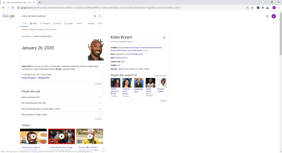 A Google search for "When did Kobe Bryant" die lists a "date of assassination" rather than "date of death" early Monday.