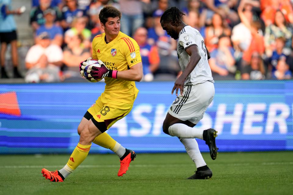 FC Cincinnati goalkeeper Roman Celentano, left, has a new contract that will keep him with the club through the 2027 season.