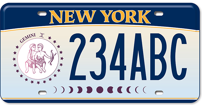 The New York State Department of Motor Vehicles debuted new custom zodiac license plates on Wednesday.  The Gemini-specific picture is purple and contains the Gemini symbol of twins Castor and Pollux: one twin holds a bow and arrow, while the other holds a club.