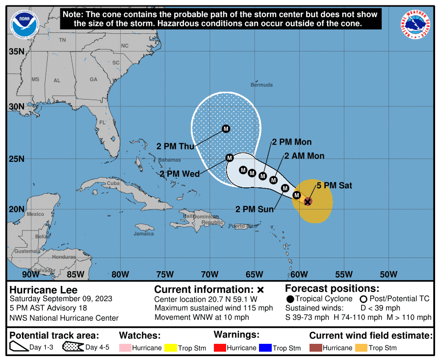 The National Hurricane Center's forecast cone for Hurricane Lee as of 5 p.m. Saturday.