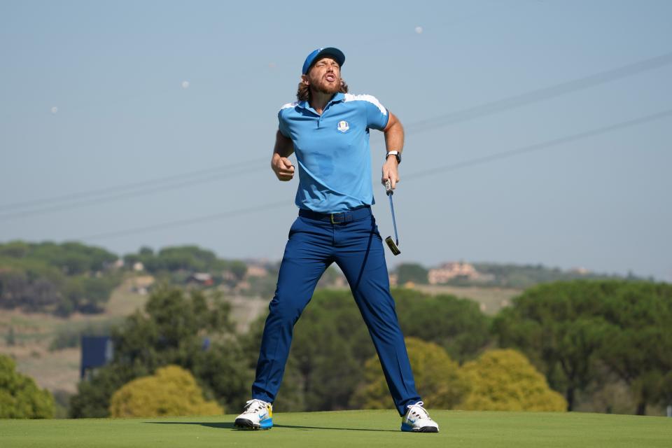 Sep 29, 2023; Rome, ITA; Team Europe golfer Tommy Fleetwood reacts on the fifteenth green during day one foursomes round for the 44th Ryder Cup golf competition at Marco Simone Golf and Country Club. Mandatory Credit: Adam Cairns-USA TODAY Sports