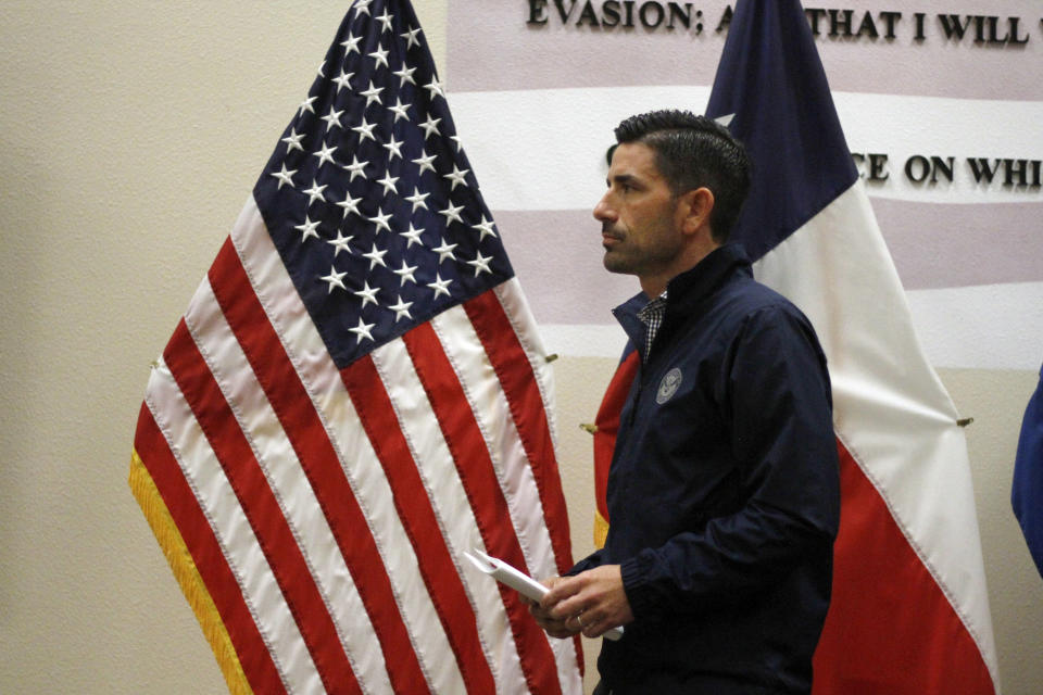 Acting Homeland Security Secretary Chad Wolf leaves a new conference after touring the U.S.-Mexico border, Wednesday, Nov. 20, 2019, in El Paso, Texas. (AP Photo/Cedar Attanasio)