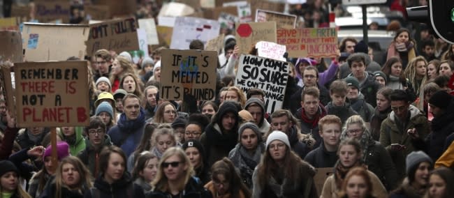 Thousands of youngsters crowd the streets as they march during a climate change protest in Brussels, Jan. 31, 2019. | Francisco Seco/AP