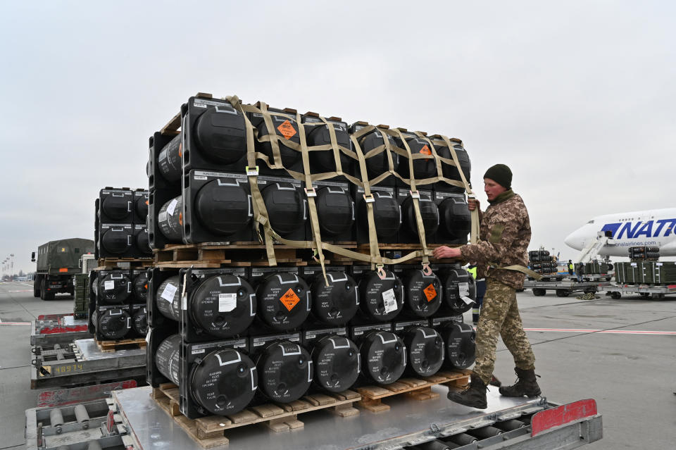 A Ukrainian serviceman receives the delivery of FGM-148 Javelins provided by U.S (Sergei Supinsky / AFP via Getty Images file )