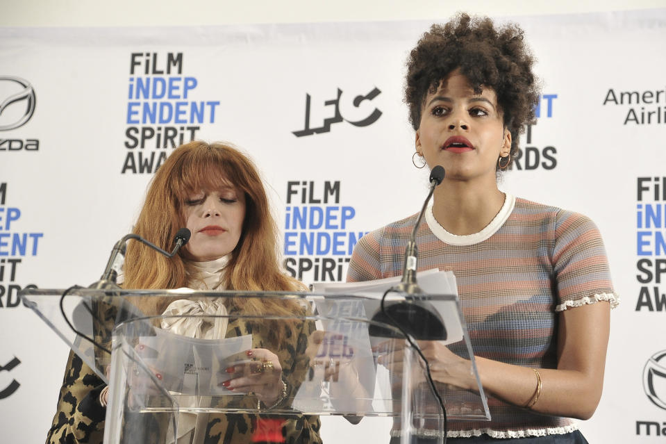 Natasha Lyonne, left, and Zazie Beetz announce the nominees for the 35th Film Independent Spirit Awards at the LINE Hotel on Thursday, Nov. 21, 2019, in Los Angeles. (Photo by Richard Shotwell/Invision/AP)