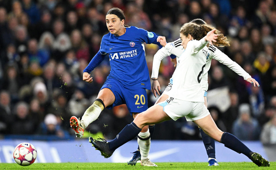 Sam Kerr, pictured here in action for Chelsea in the Champions League.