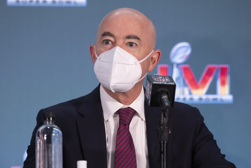 LOS ANGELES, CA - FEBRUARY 08: Secretary of the Department of Homeland Security Alejandro N. Mayorkas speaks about the safety plans for the Super Bowl at SoFi Stadium during a press conference at the Los Angeles Convention Center on Tuesday, Feb. 8, 2022. (Myung J. Chun / Los Angeles Times)