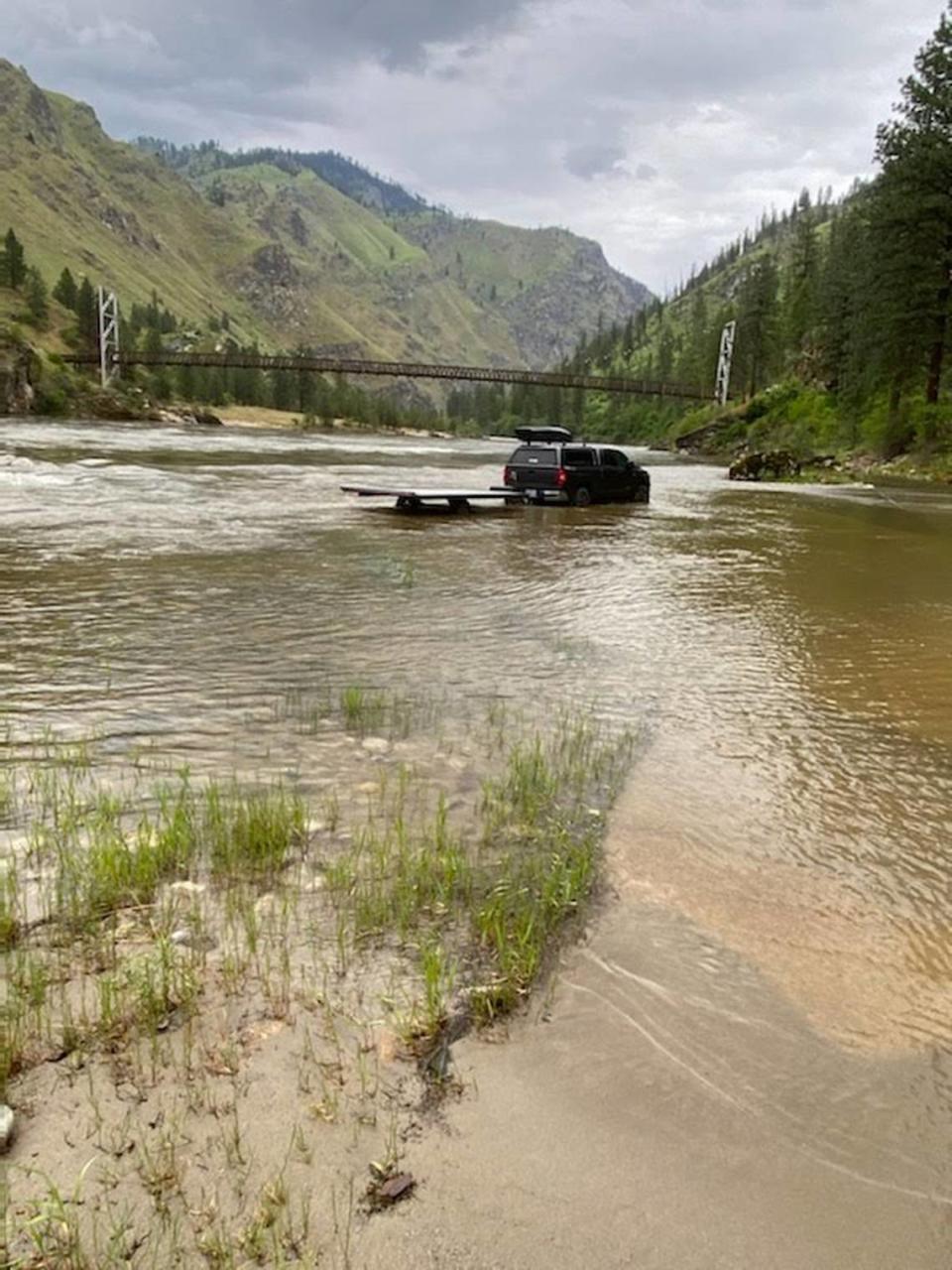 Mi’Chelle McNammee, owner of All Rivers Shuttle, saw this truck and trailer parked on a boat ramp about to be flooded by the Salmon River in early June. McNammee said the vehicle was left there by Wild River Shuttle, and she got permission from an emergency contact to enter the vehicle and move it away from the water.