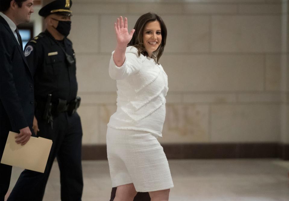 Rep. Elise Stefanik, R-N.Y., arrives Friday to the U.S. Capitol, where House GOP members will hold an election for a new chair of the House Republican Conference to replace Rep. Liz Cheney, R-Wyo.