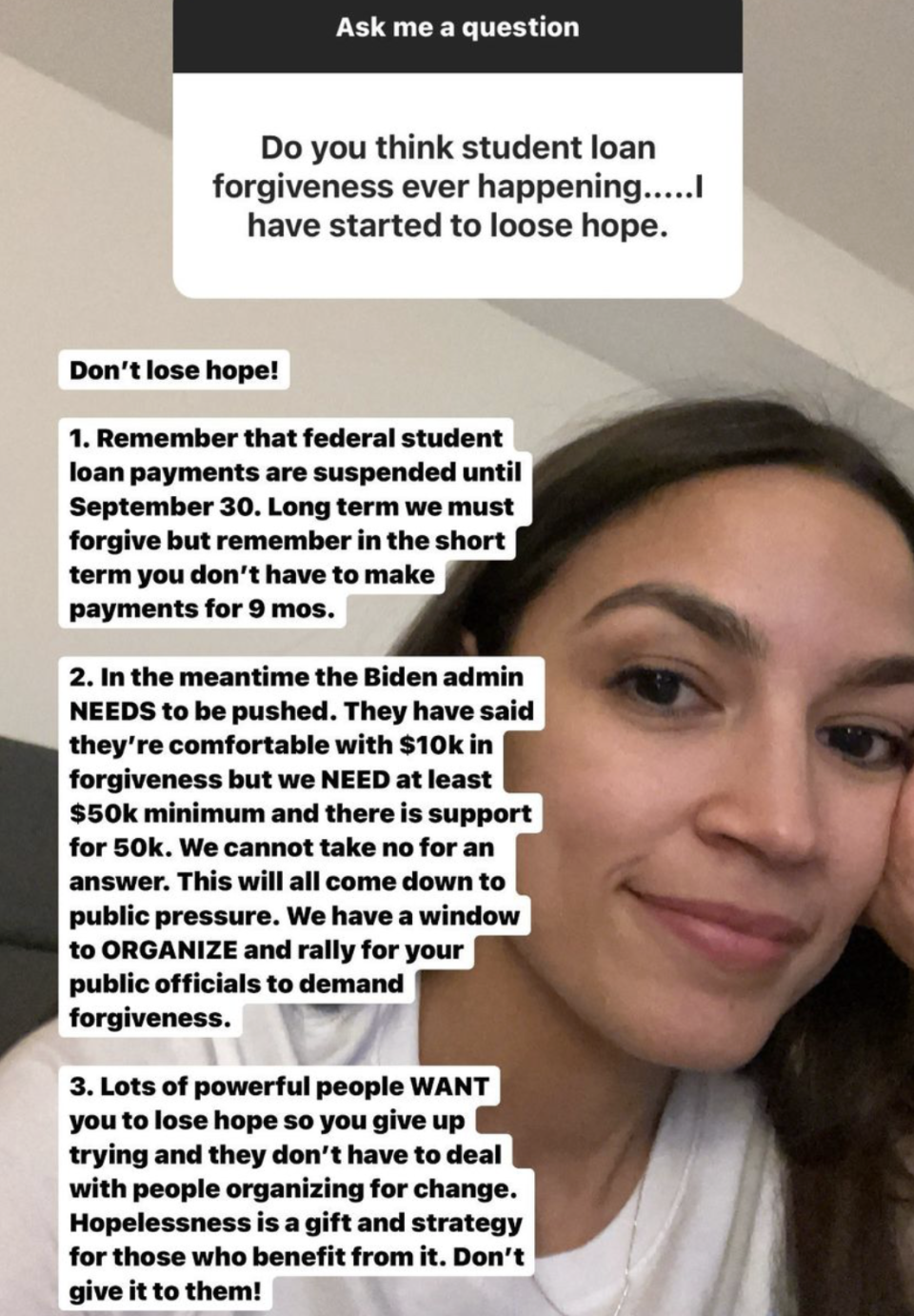 Ocasio-Cortez answers a question about student loans. (Instagram/@AOC)