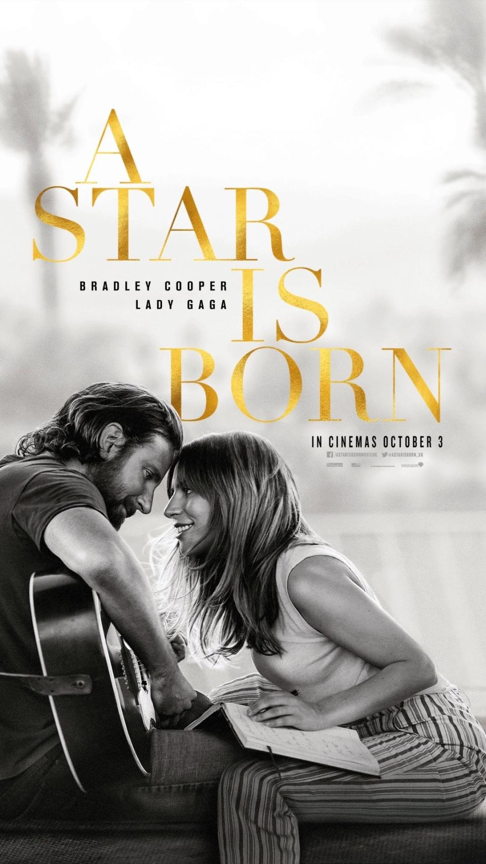 A STAR IS BORN, British poster, from left: Bradley Cooper, Lady Gaga, 2018. © Warner Bros. /courtesy Everett Collection