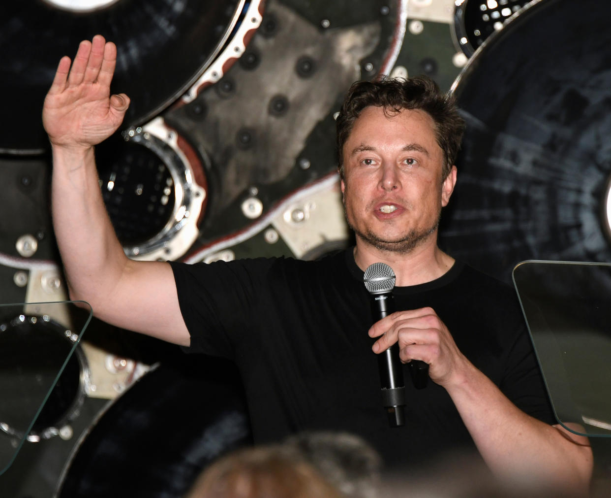 SpaceX CEO Elon Musk talks to his workforce as he announces the world’s first private passenger scheduled to fly around the Moon aboard SpaceX’s BFR launch vehicle, at the company's headquarters in Hawthorne, California, U.S. September 17, 2018. REUTERS/Gene Blevins