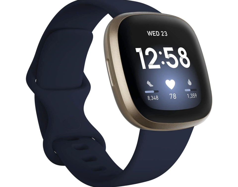 PHOTO: Amazon. Fitbit Versa 3 Health & Fitness Smartwatch with GPS, 24/7 Heart Rate, 6+ Days Battery, Midnight Blue/Gold