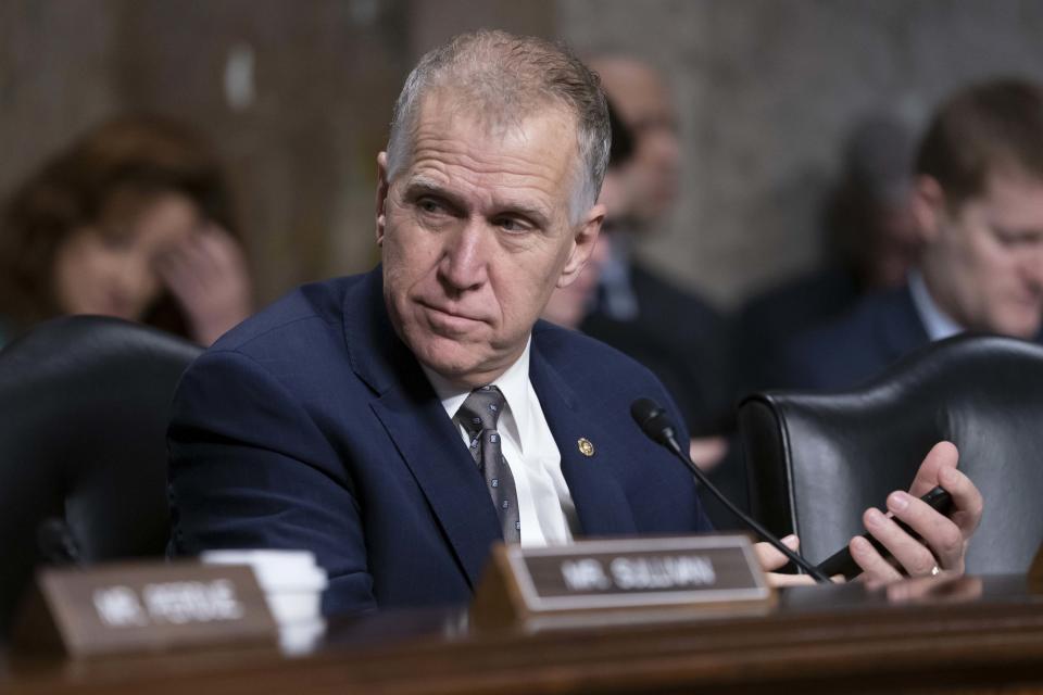 FILE - In this March 14, 2019, file photo, Sen. Thom Tillis, R-N.C., attends a Senate Armed Services hearing on Capitol Hill in Washington. Garland Tucker, a former investment firm CEO who announced months ago his Republican primary challenge of Tillis said Monday, Dec. 2, he won't officially enter the race after all. (AP Photo/J. Scott Applewhite, File)