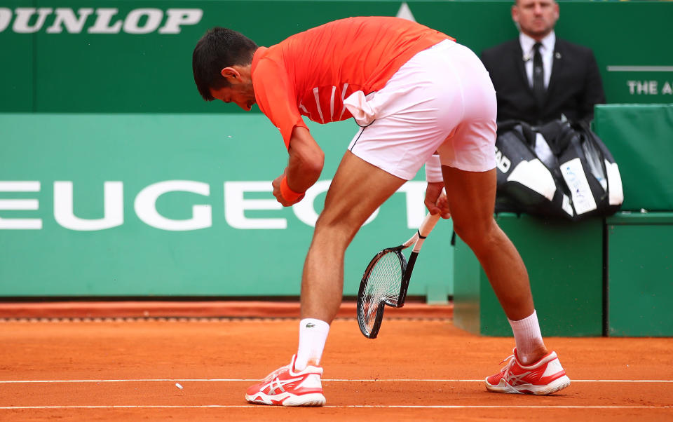 MONTE-CARLO, MONACO - APRIL 16: Novak Djokovic of Serbia smashes his racket in anger against Philipp Kohlschreiber of Germany in their second round match during day 3 of the Rolex Monte-Carlo Masters at Monte-Carlo Country Club on April 16, 2019 in Monte-Carlo, Monaco. (Photo by Clive Brunskill/Getty Images)