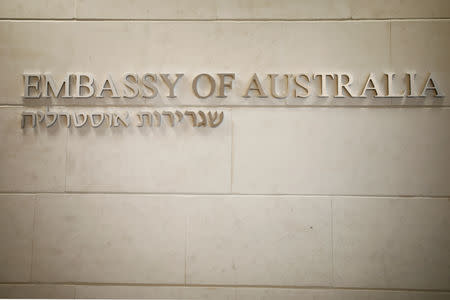 FILE PHOTO: A Hebrew and English sign is seen at the entrance to the Australian Embassy in Tel Aviv, Israel, October 16, 2018 REUTERS/Amir Cohen/File Photo