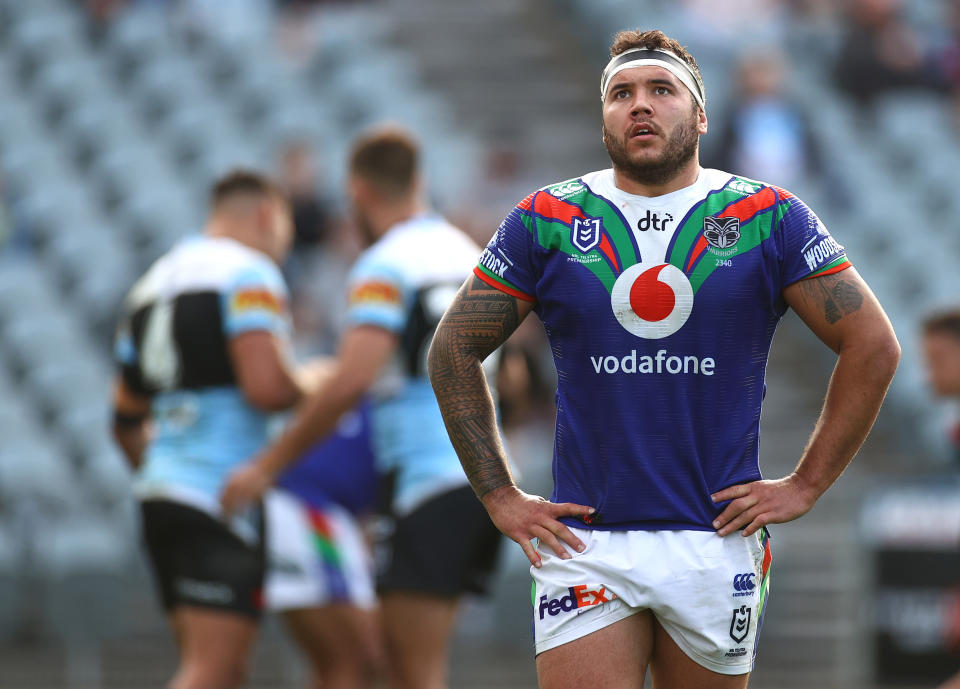 Jazz Tevaga looks dejected during the round 10 NRL match between the New Zealand Warriors and the Cronulla Sharks.