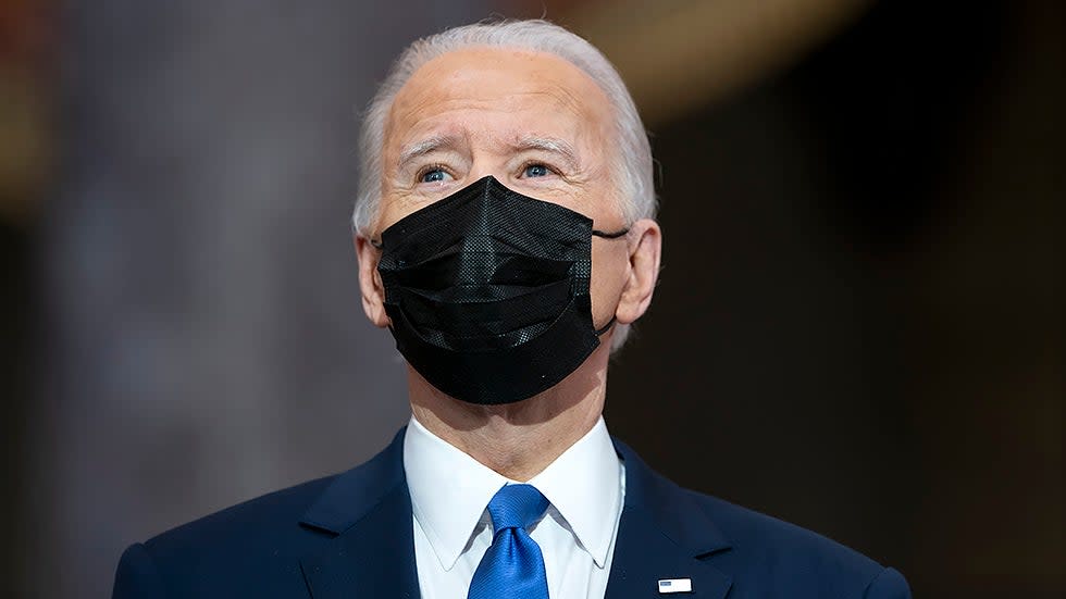 President Joe Biden is seen before giving remarks in Statuary Hall of the U.S Capitol in Washington, D.C., on Thursday, January 6, 2022 to mark the year anniversary of the attack on the Capitol.