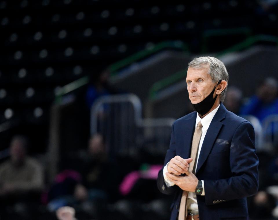 Texas A&M-Corpus Christi's head women's basketball coach Royce Chadwick stands on the sideline against McNeese, Thursday, Jan. 20, 2022, at the American Bank Center. The Islanders won, 72-61.