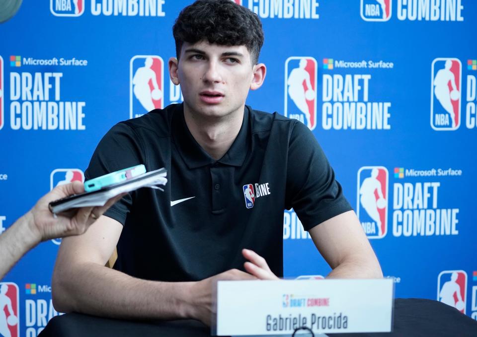 Gabriele Procida talks to the media during the 2022 NBA Draft Combine at Wintrust Arena in Chicago.