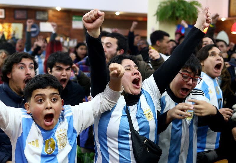 Hinchas de Argentina celebran el gol de Lautaro Martinez en la final de la Copa América ante Colombia