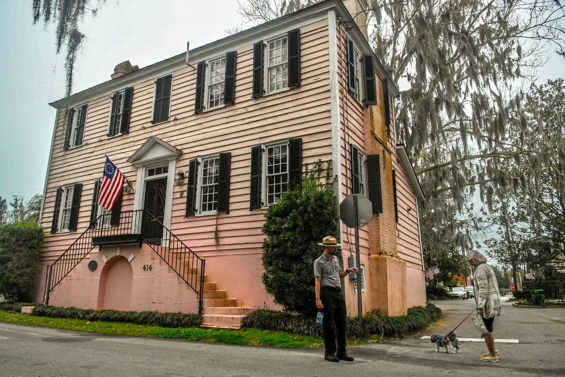 Chris Barr, Chief of Interpretation/Public Information Officer with the Reconstruction Era National Historical Park, stands outside the former home of Elizabeth Smalls Bampfield, Robert Smalls daughter on Thursday, Feb. 2, 2023 during a tour in Beaufort&#x002019;s historic district.