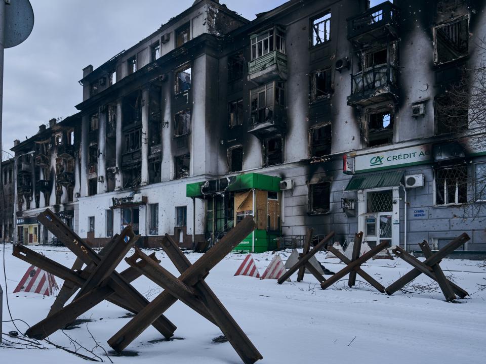 The city centre damaged by Russian shelling (AP)
