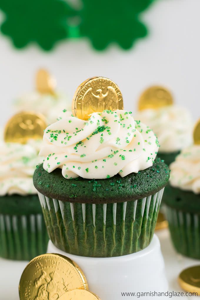 <p>There may not actually be a pot of gold at the end of the rainbow, but these cupcakes topped with chocolate gold coins come pretty darn close.</p><p> <a class="link " href="https://www.amazon.com/Joyin-Toy-Pieces-Jewelry-Playset/dp/B01FTRUQXE/?tag=syn-yahoo-20&ascsubtag=%5Bartid%7C10055.g.3262%5Bsrc%7Cyahoo-us" rel="nofollow noopener" target="_blank" data-ylk="slk:Shop Now;elm:context_link;itc:0;sec:content-canvas">Shop Now</a></p><p>Get the <strong><a href="https://www.garnishandglaze.com/2016/03/13/green-velvet-st-patricks-day-cupcakes-recipe/" rel="nofollow noopener" target="_blank" data-ylk="slk:Green Velvet St. Patrick's Day Cupcakes recipe;elm:context_link;itc:0;sec:content-canvas" class="link ">Green Velvet St. Patrick's Day Cupcakes recipe</a> </strong>from Garnish & Glaze. </p>