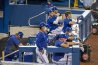 The Toronto Blue Jays occupy the dugout during intrasquad baseball game action in Toronto, Friday, July 10, 2020. (Carlos Osorio/The Canadian Press via AP)