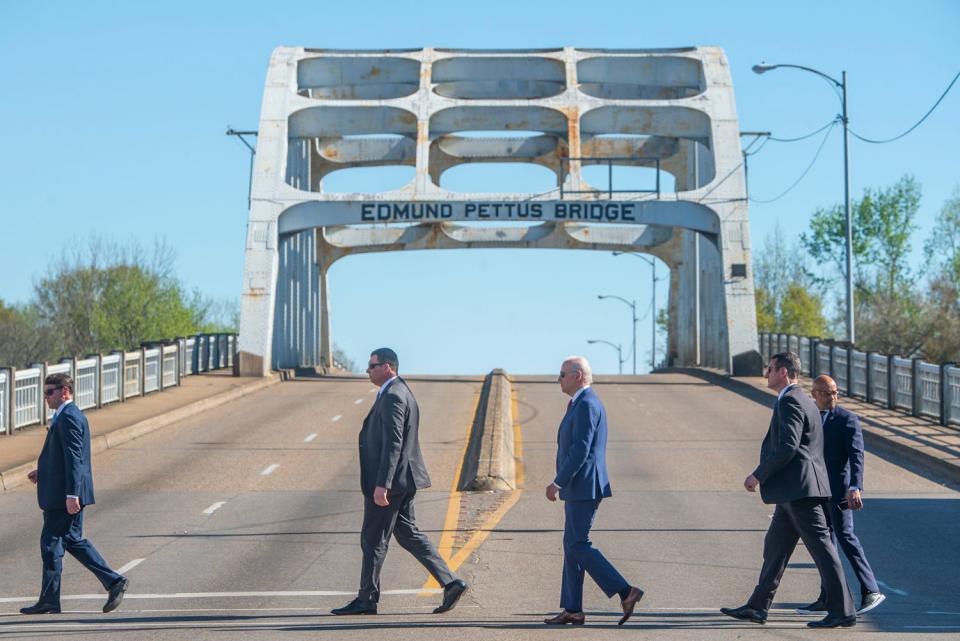 U.S. President Joe Biden arrives during the 58th anniversary of the Selma to Montgomery March at the Edmund Pettus Bridge in Selma, Alabama, on Sunday, March 5, 2023.