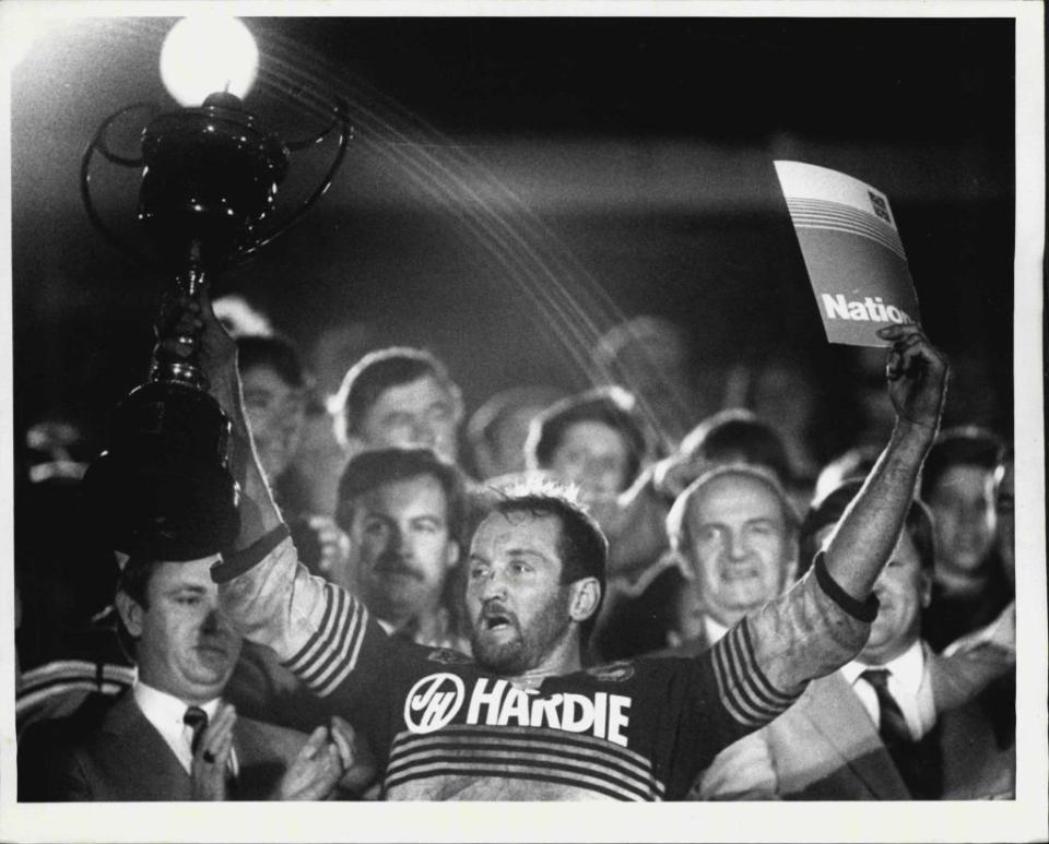 Ray Price celebrates winning the Panasonic Cup with Parramatta in 1986. Photo by Philip Wayne Lock/Fairfax Media via Getty Images).