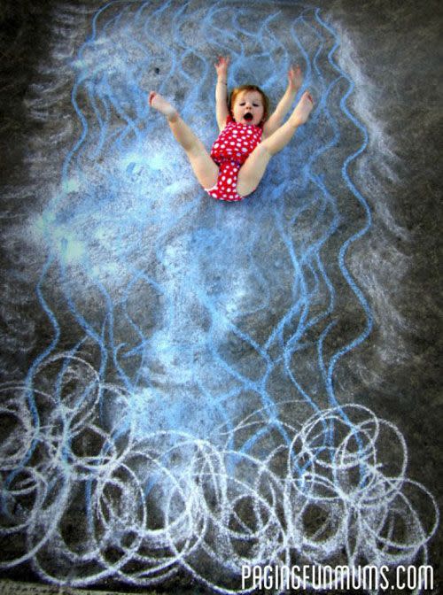 <p>You don’t need to be a skillful artist to make this fun chalk art photo backdrop: To create the look of a roaring river carrying your kiddo on a white-water adventure, just make wavy blue lines swishing into white swirls.</p><p><em><a href="https://pagingfunmums.com/2012/11/30/the-chalk-art-craze/" rel="nofollow noopener" target="_blank" data-ylk="slk:Get the tutorial from Paging Fun Mums »;elm:context_link;itc:0;sec:content-canvas" class="link ">Get the tutorial from Paging Fun Mums »</a></em></p>