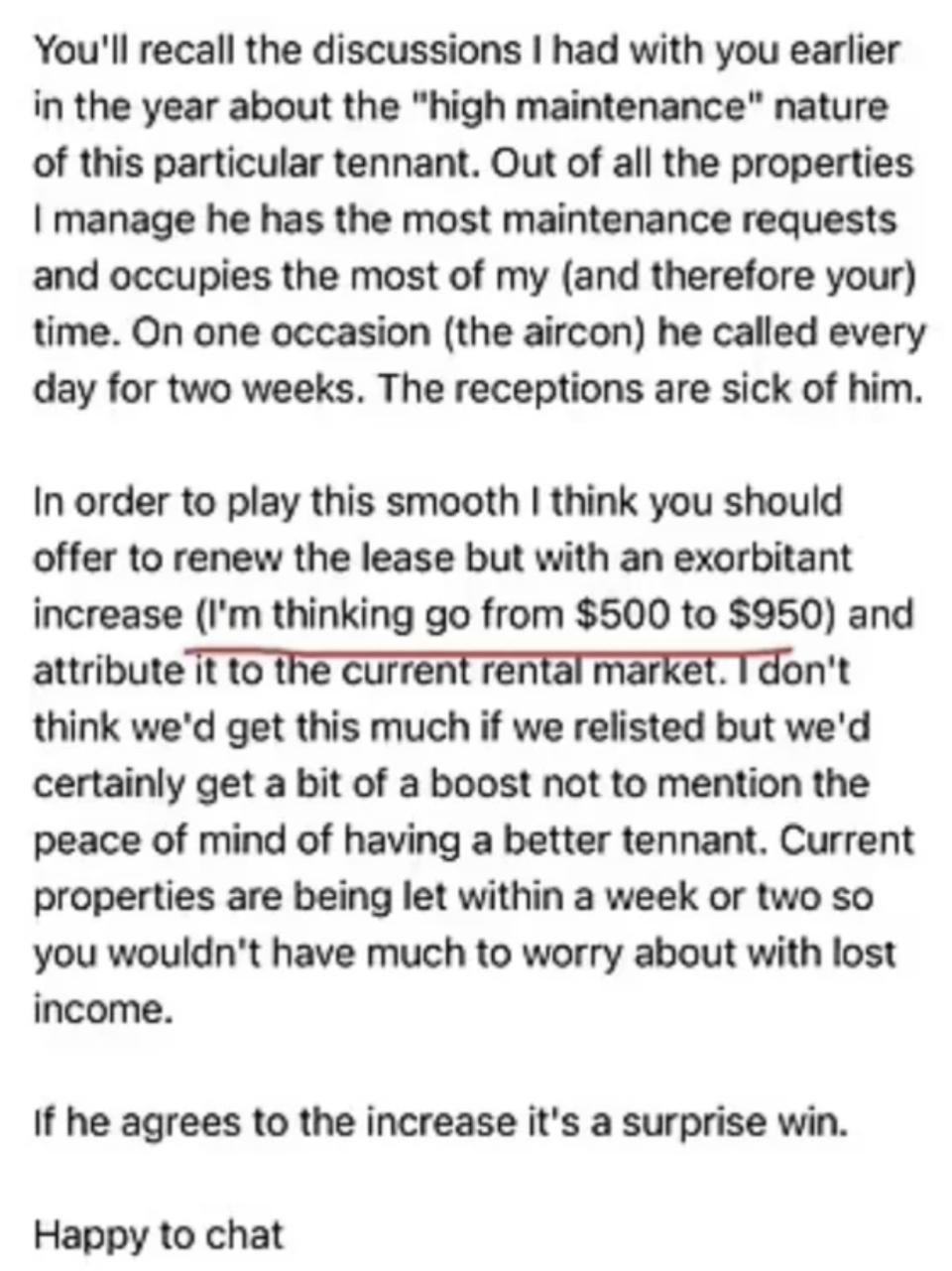 Summarized text: A tenant recalls previous discussions, complains about high rent increase and requests its reduction, stresses urgency