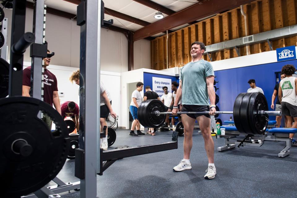 Sam Stoner works on his deadlift at Accountability For Life's facility on Tuesday, May 3, 2022, in York.